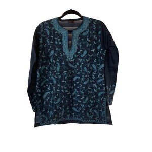 Navy Blue Kurti With Turquoise Embroidery Floral Pattern Long Sleeves M
